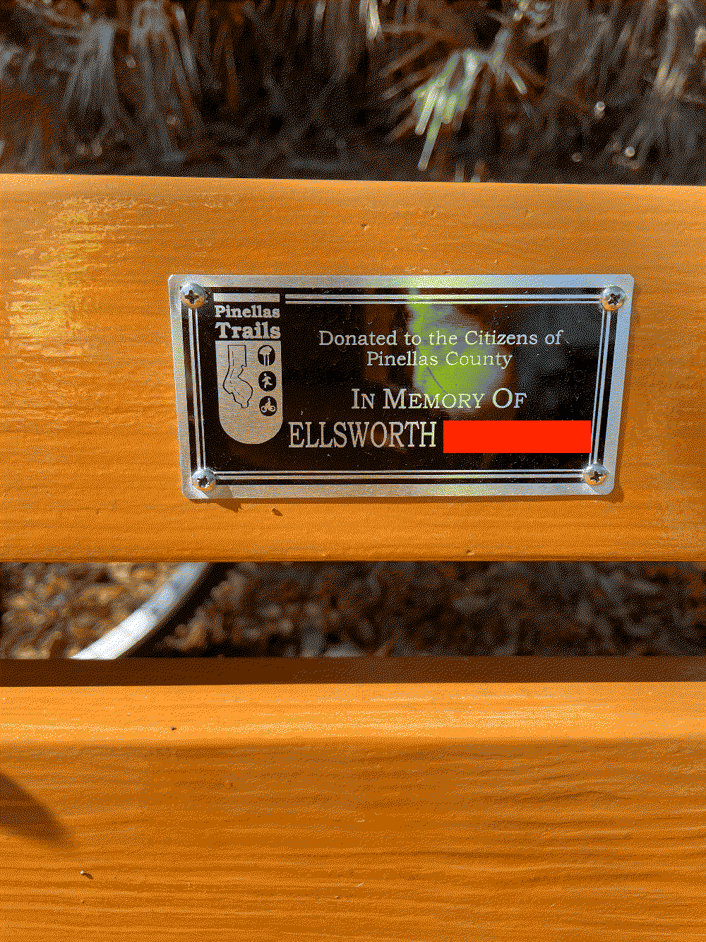 photo of memorial plaque on bench